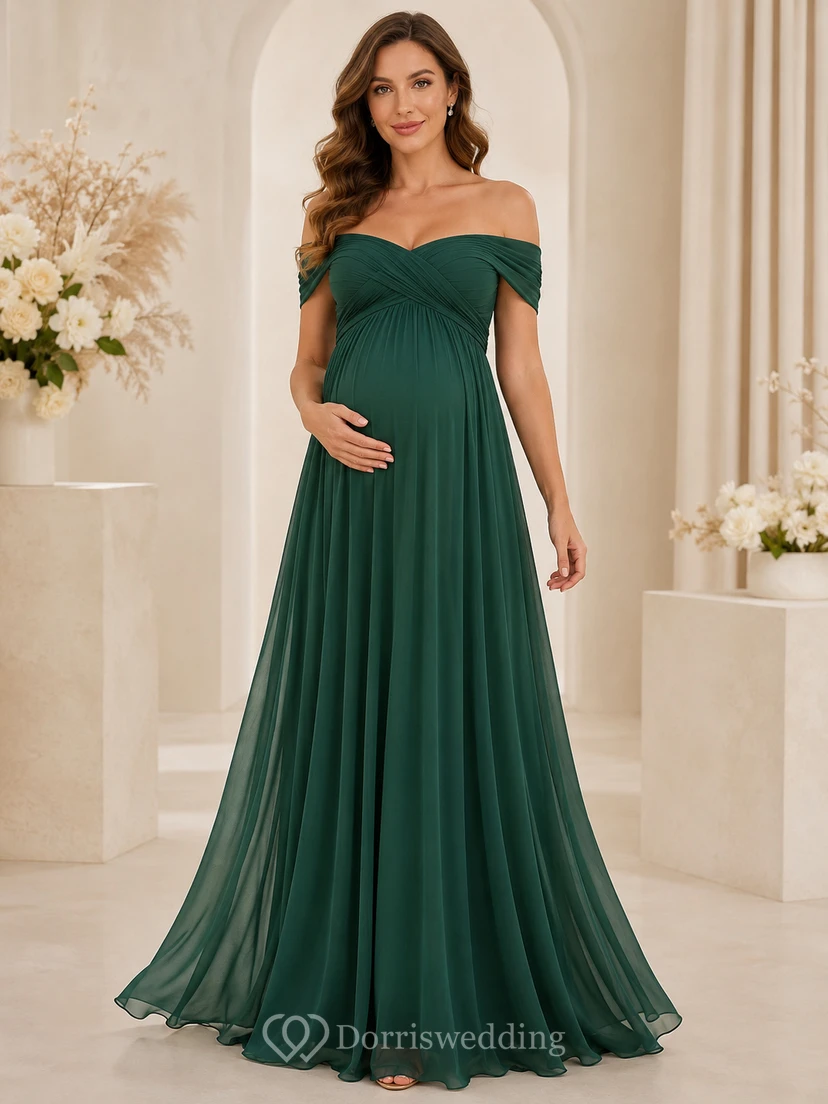 Vestido de maternidad romántico de gasa verde oscuro estilo imperio, largo hasta el suelo, con hombros descubiertos y manga corta, de la marca Forest Embrace.