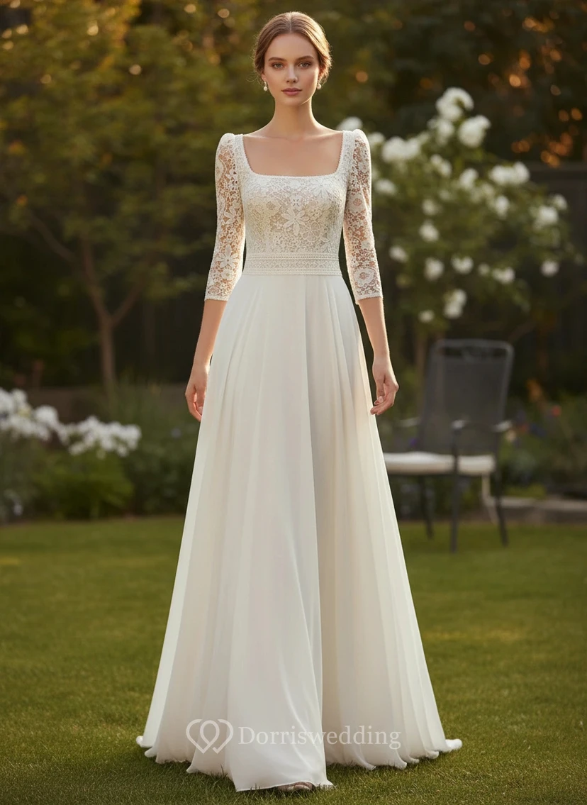 Modest Square Neck 3/4 Lace Sleeve A-Line Wedding Dress Vintage Style Chiffon Bridal Gown