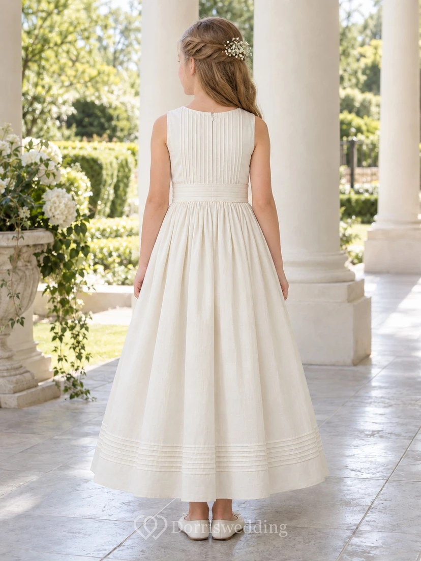 Vintage Simple Cream Sleeveless Jewel Neck Pintucked Cotton A-line Flower Girl Dress view 2