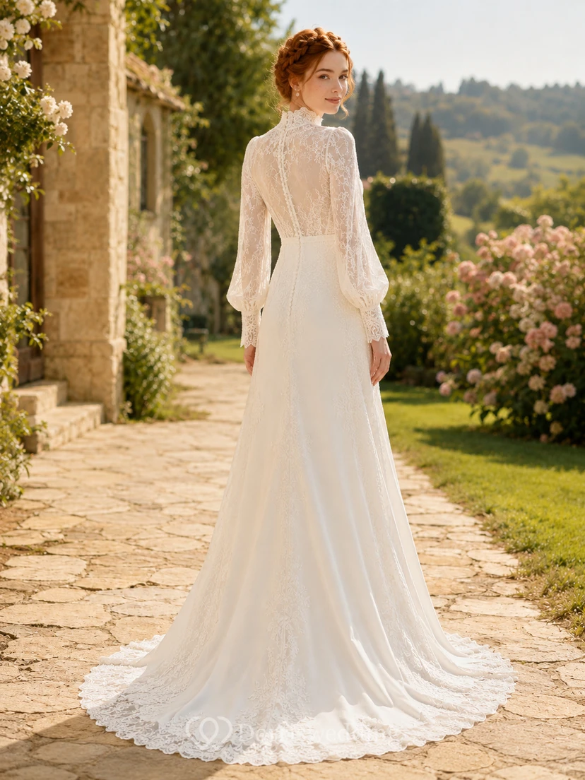 Brautkleid aus Spitze im Meerjungfrauenstil mit V-Ausschnitt, langen Ärmeln und Kapellenschleppe view 2