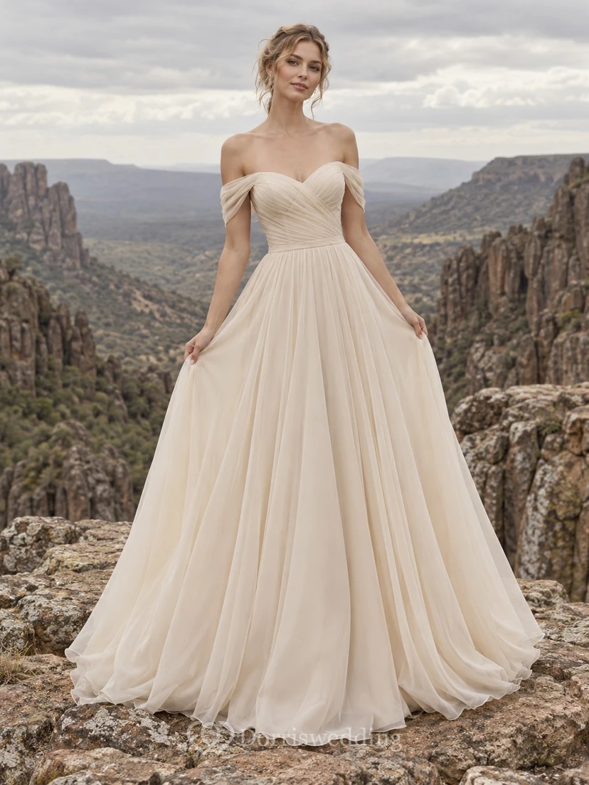 Off Shoulder Champagne Chiffon Wedding Dress with Pleated Sweetheart Bodice and A-Line Train