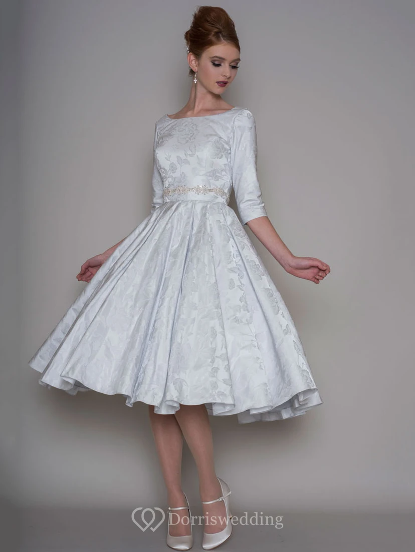 A-Line Tea-Length 3-4 Sleeve Bateau Neck Jeweled Satin Wedding Dress view 4