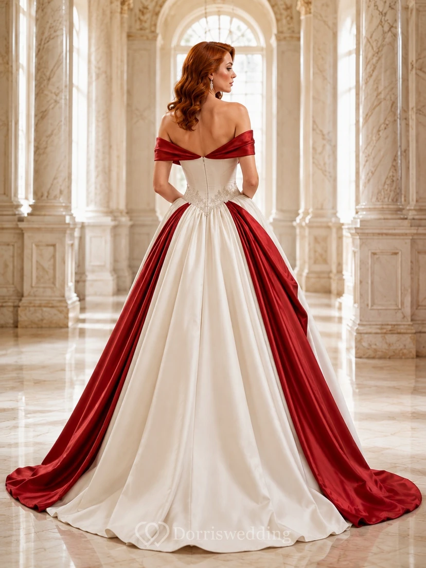 Rotes Satin-Brautkleid im Prinzessinnen-Ballkleid-Stil mit schulterfreiem Herzausschnitt, Farbblock-Design und Hofschleppe view 2