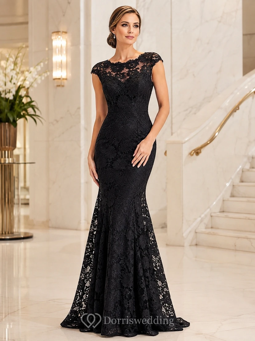 Black Illusion Cap Sleeve Lace Mermaid Sweep Train Elegant Luxury Formal Gown
