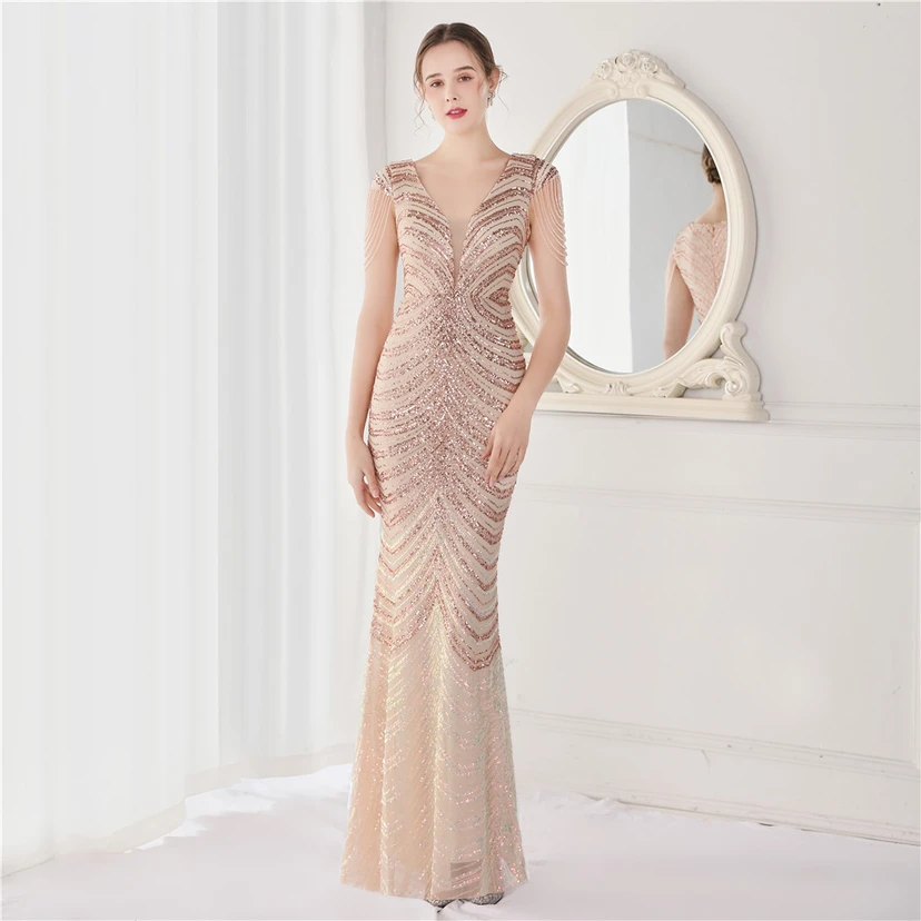 Paillettenbesetztes, handwerklich perfekt gefertigtes, perlenbesetztes Party-Abendkleid – sexy langes Kleid für die Braut view 39