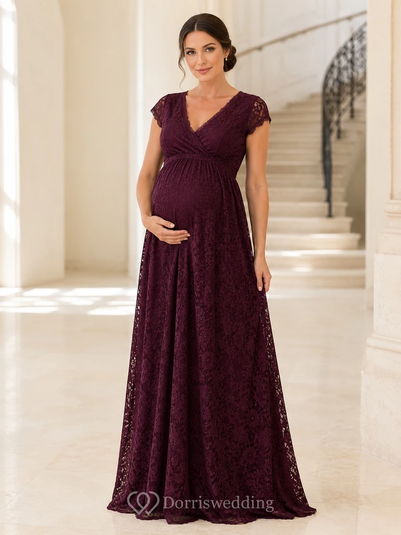 Burgundy Romantic Elegant V-Neck Short-Sleeve Lace Ruched A-Line Floor-Length Formal Dress