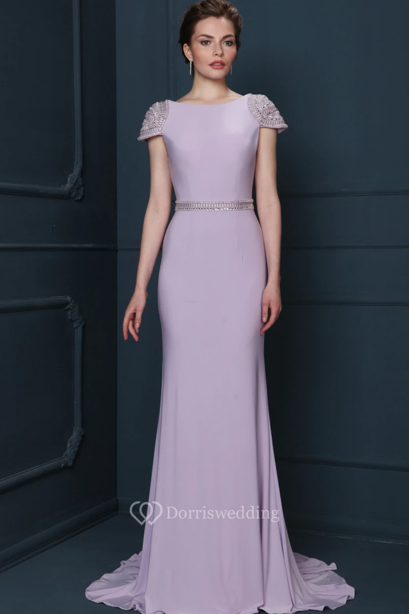 Sheath Beaded Floor-Length Jewel-Neck Cap-Sleeve Jersey Evening Dress With Waist Jewellery