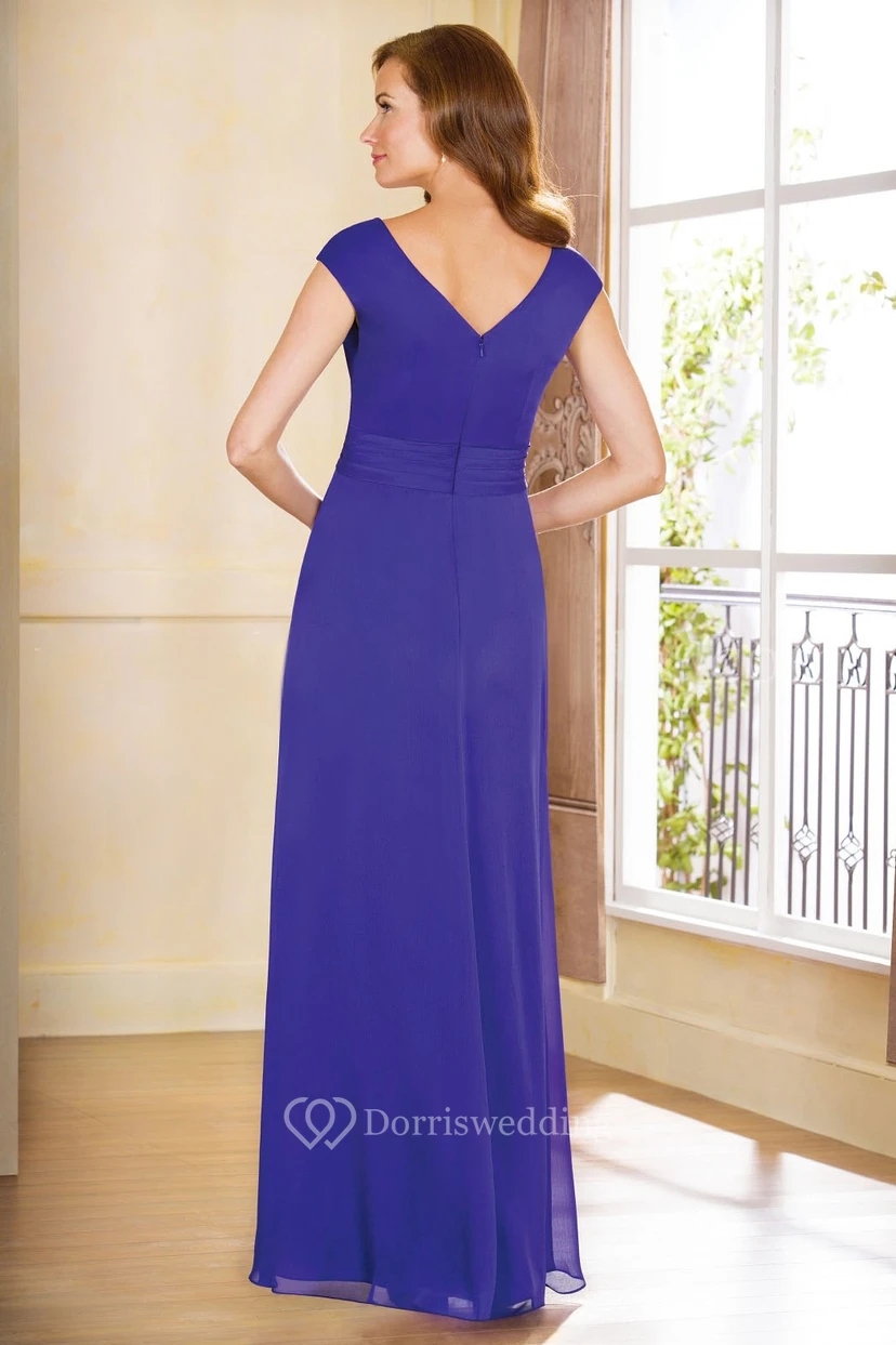 Cap-Sleeved V-Neck Side Silted Gown With Jewels view 2