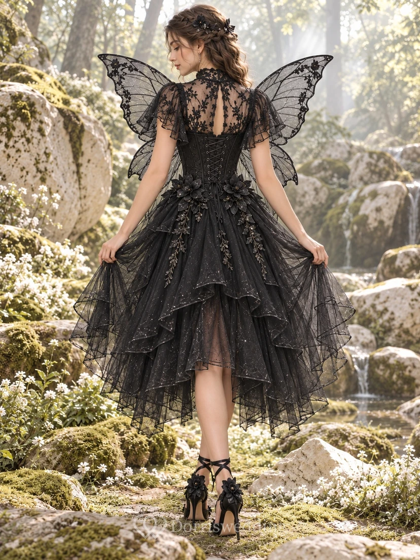 Fairy Black High Neck Flutter Sleeve Floral Tiered Lace Dress view 2