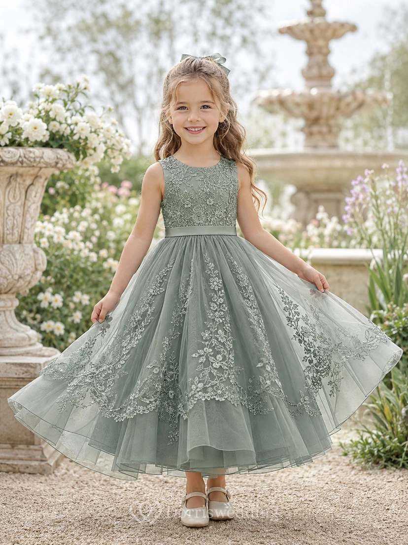 Blumenmädchenkleid aus salbeigrüner Spitze und Tüll, A-Linie, Rundhalsausschnitt, Teelänge