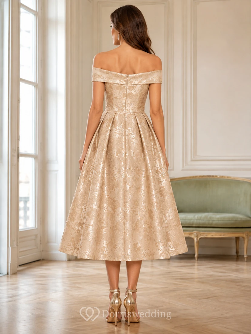 Vestido de invitada Cerimonia Champagne con escote corazón, hombros descubiertos, jacquard tafetán, pliegues, corte en A, largo hasta la rodilla. view 2