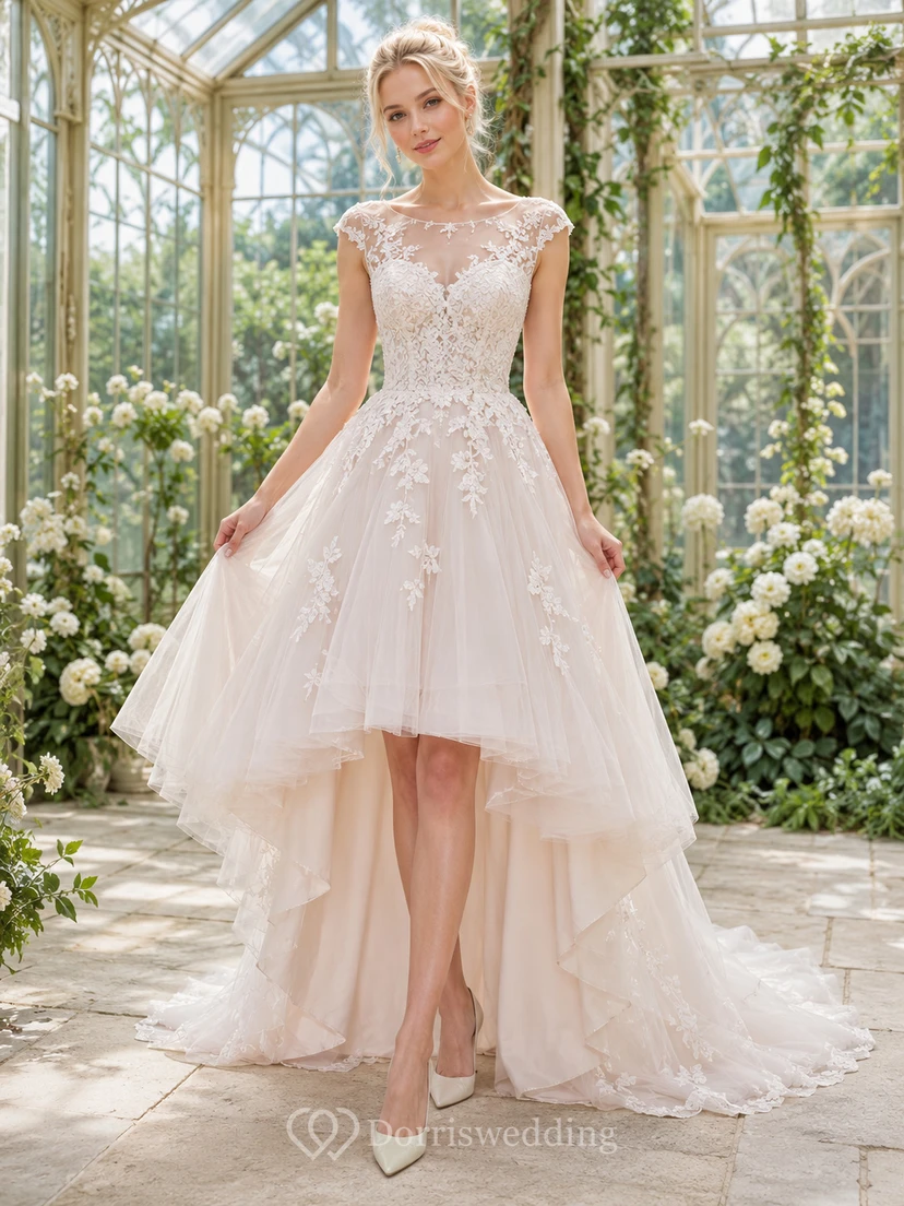 Romantic High-Low Bateau Cap Sleeve Lace Tulle Elegant Wedding Dress
