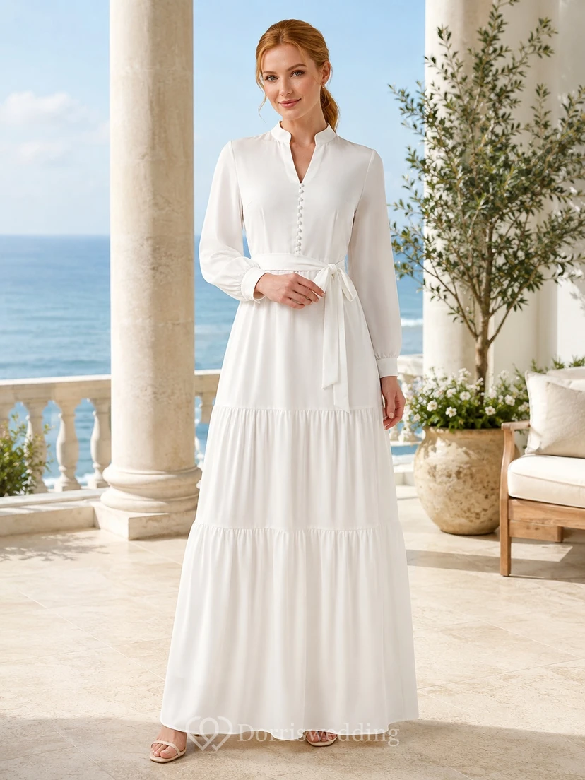 White Notched-Neck Long-Sleeve Chiffon A-Line Floor-length Tiered Modest Guest Dress