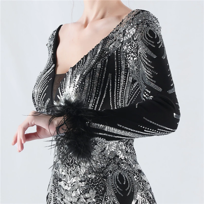 Robe de soirée haut de gamme ornée de perles florales fixes et de poils d'autruche, hôte de la réunion annuelle d'hiver view 27
