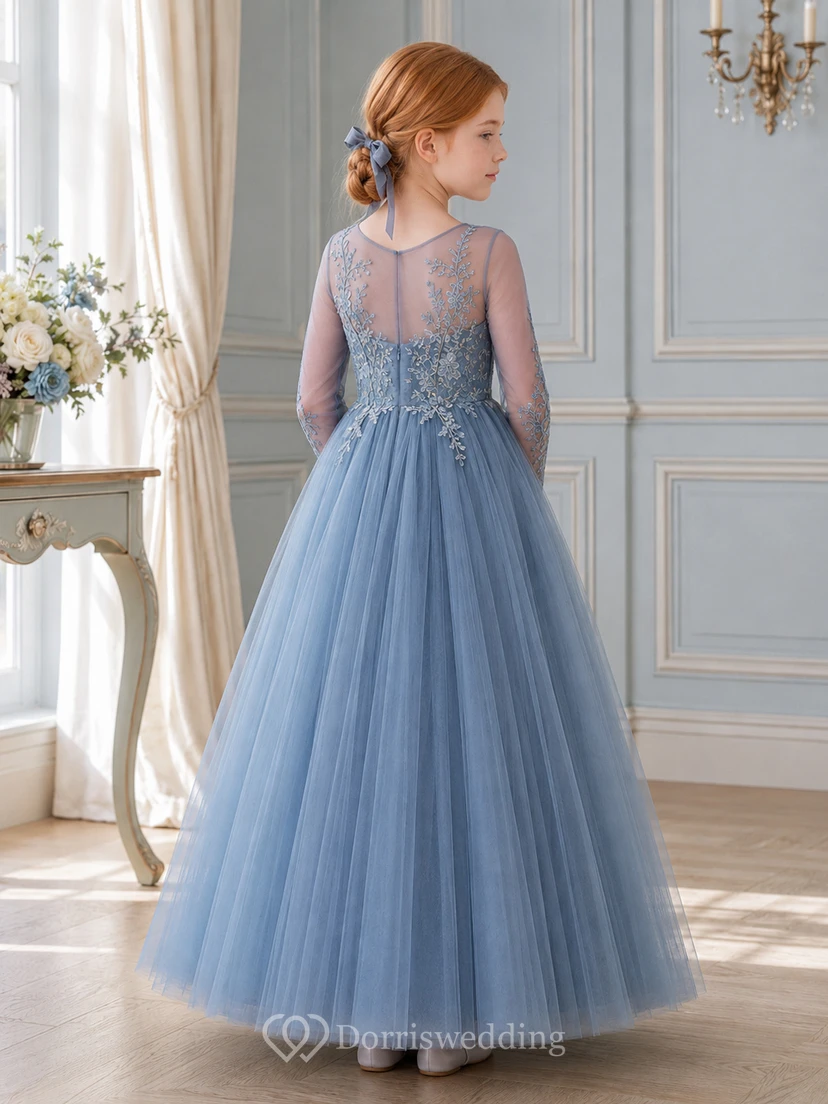 Steel Blue Lace Long Sleeve Tulle Floor-Length A-Line Formal Flower Girl Dress view 2