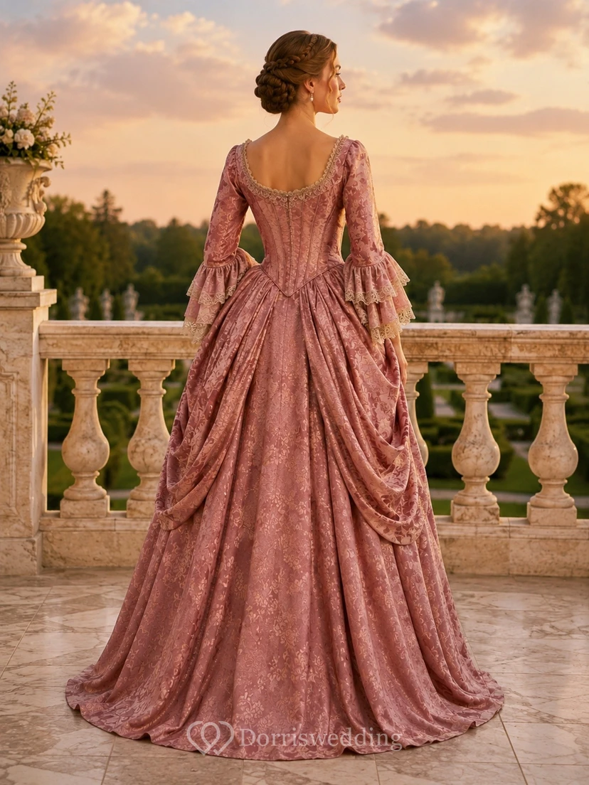 Vestido de gala largo hasta el suelo con escote cuadrado y mangas acampanadas en tafetán color rosa empolvado view 2