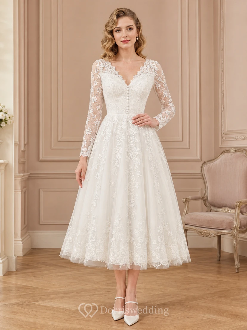 Vintage Tea-Length V-Neck Long Lace Sleeve Romantic Modest Wedding Dress