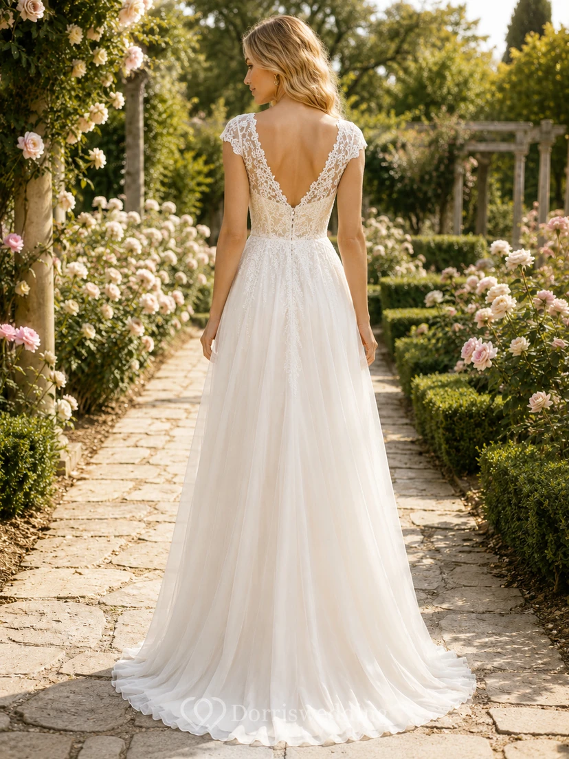 Boho-Brautkleid mit kurzen Ärmeln, Spitzenoberteil und Chiffon view 2