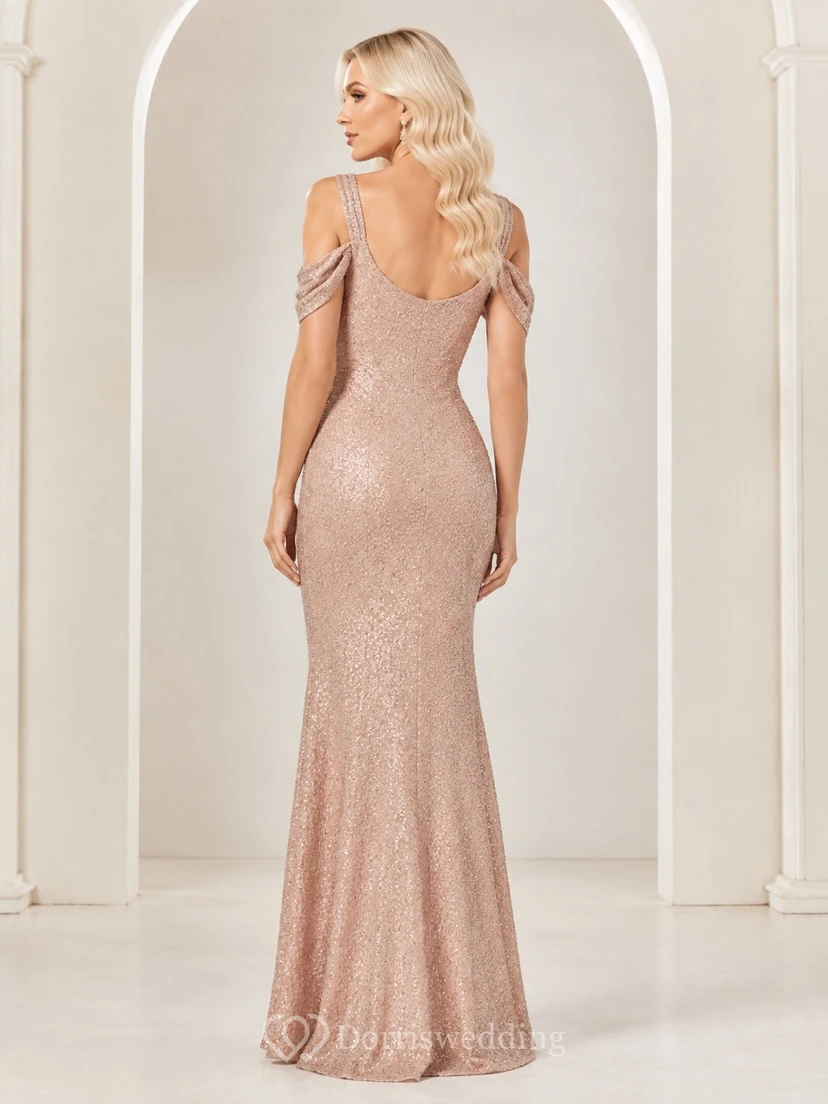 Champagne Sequin Cap Sleeve Sheath Evening Gown Classic view 2