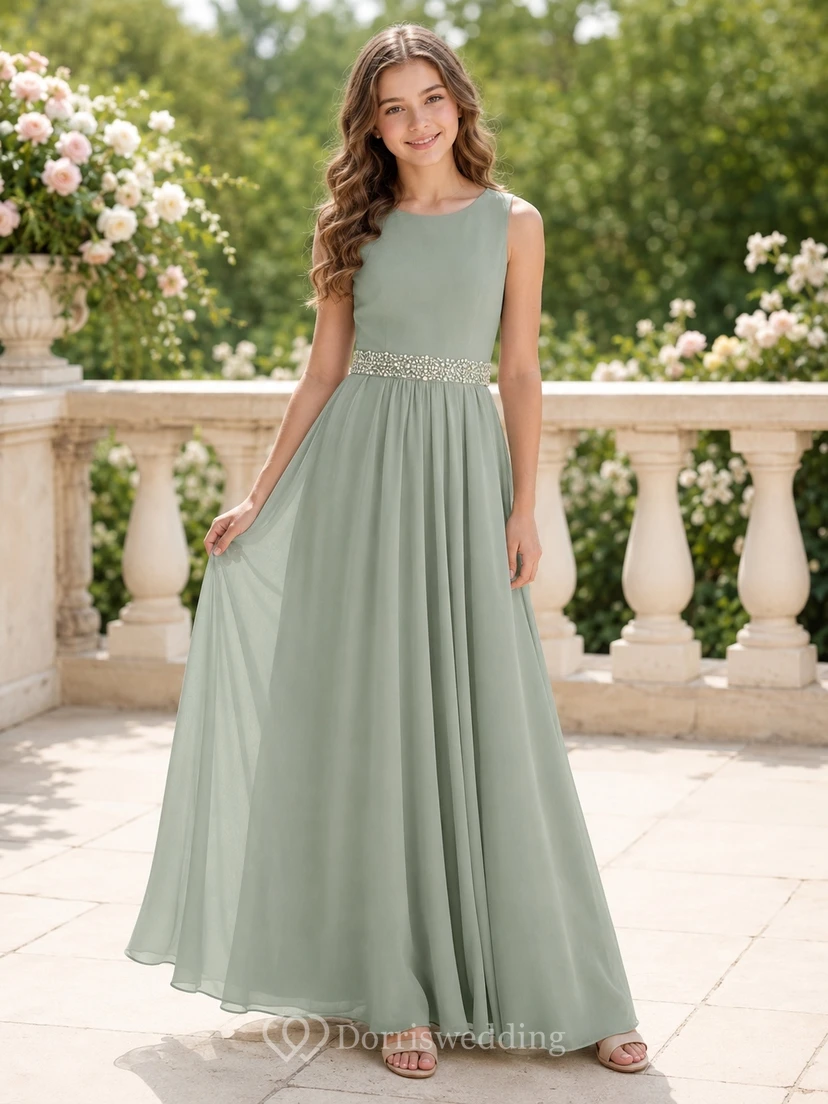 Celadonfarbenes Brautjungfernkleid für junge Mädchen, A-Linie, Rundhalsausschnitt, ärmellos, Chiffon, perlenbesetzte Taille, elegant