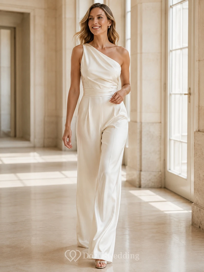 Elegant Second Look Satin One Shoulder Draped Wide Leg Wedding Jumpsuit