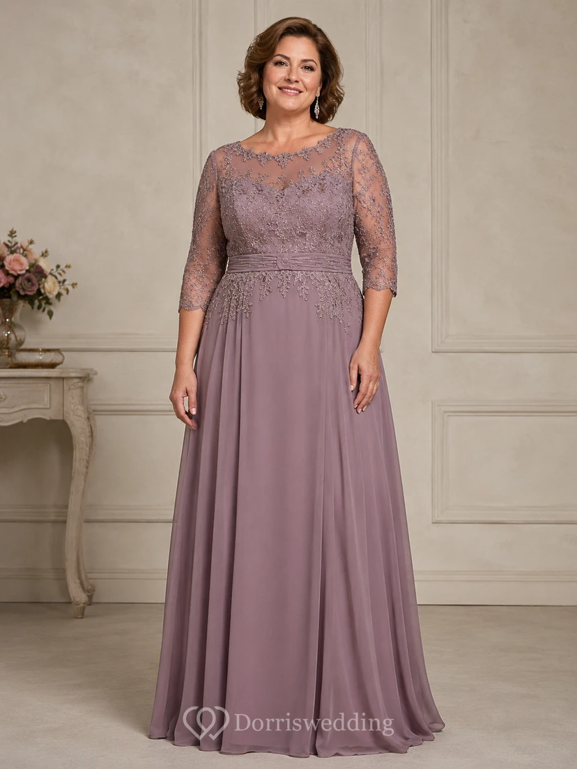 Plus Size A-Line Bateau 3/4 Length Sleeve Chiffon Mother Dress with Lace