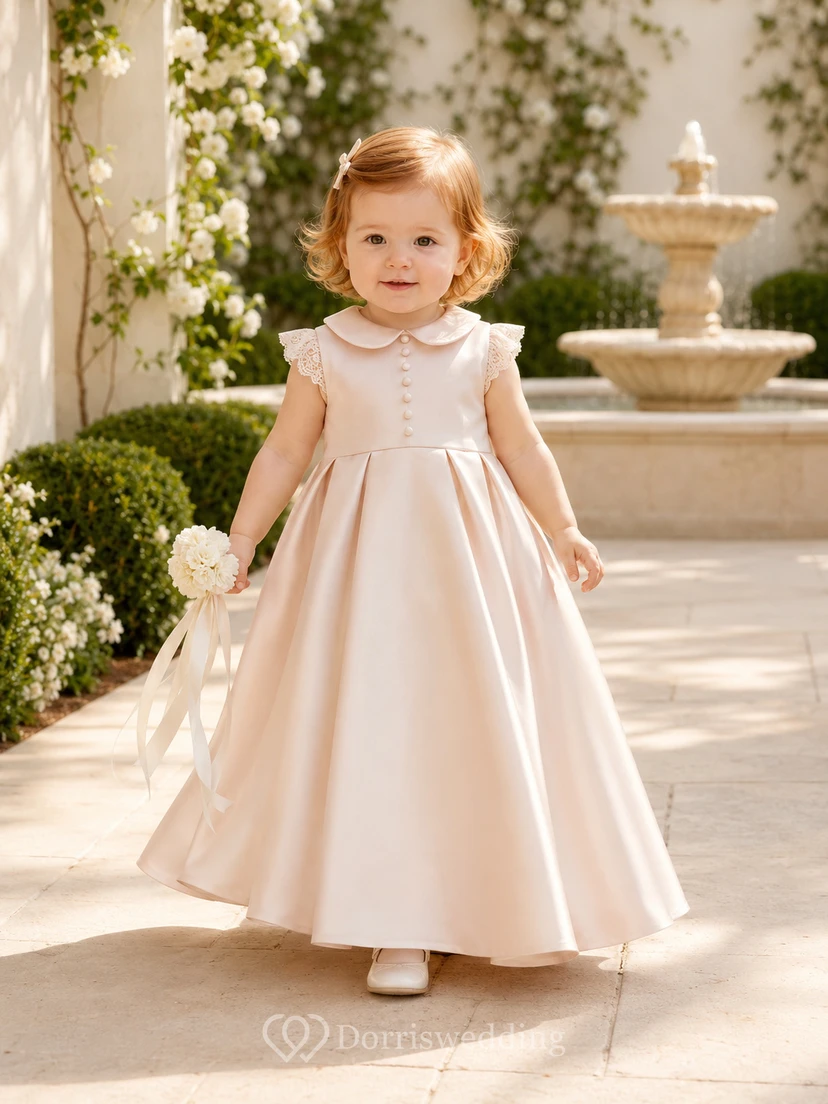 Champagnerfarbenes, mattes Satin-Taufkleid in A-Linie, Teelänge, mit abgerundetem Kragen, klassisch schlicht