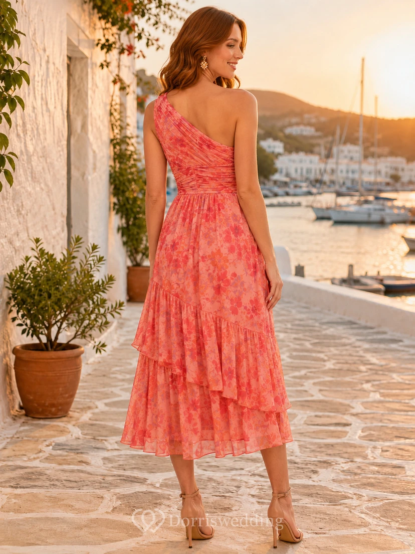 Coral Coastal Wedding Guest Dress A-Line Chiffon One-Shoulder Sleeveless Tea-Length Floral Print view 2