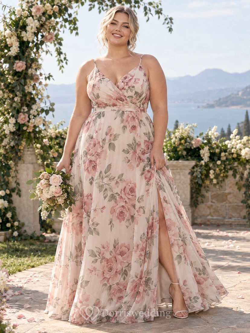 Vestido de dama de honor de gasa rosa con estampado floral, mangas con volantes, escote en V y largo hasta el suelo, talla grande. view 2