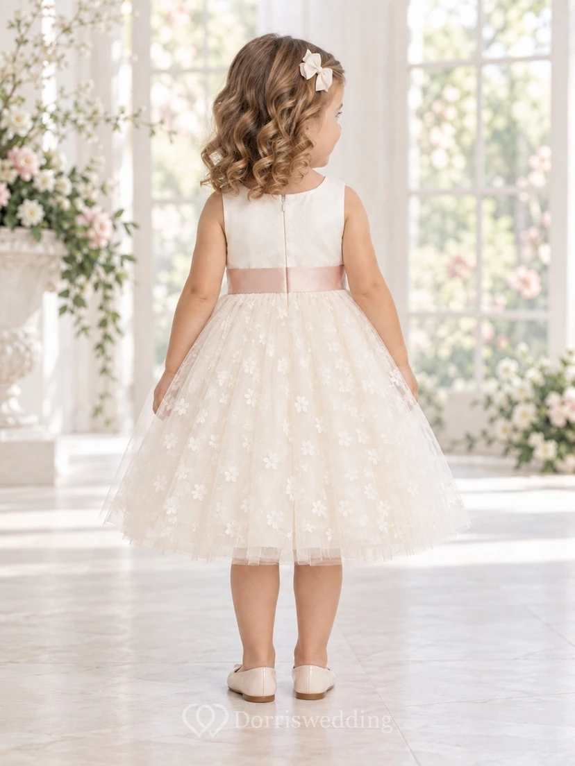 Robe de demoiselle d'honneur rose à fleurs, longueur thé, coupe trapèze, en tulle, sans manches, avec ceinture rose. view 2