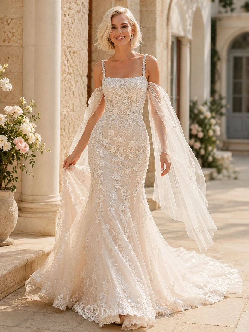 Robe de mariée sirène en dentelle illusion florale à col carré et traîne cathédrale