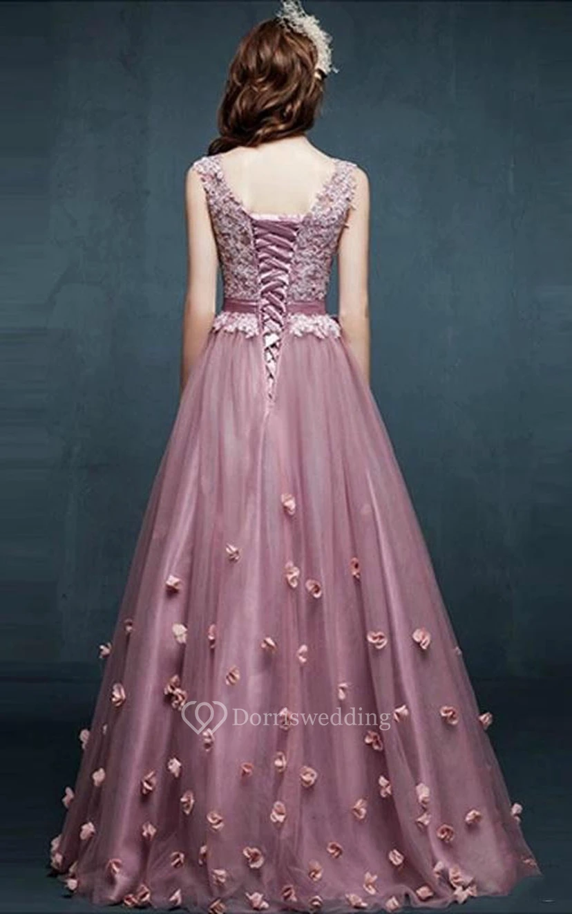 A-line V-neck Sleeveless Appliques Flower Tulle Dress view 2