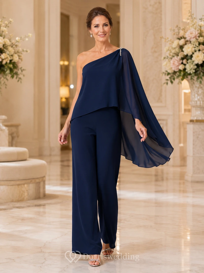 Dark Navy One Shoulder Chiffon Cape Top Wide Leg Two Piece Floor Length Mother Pantsuit