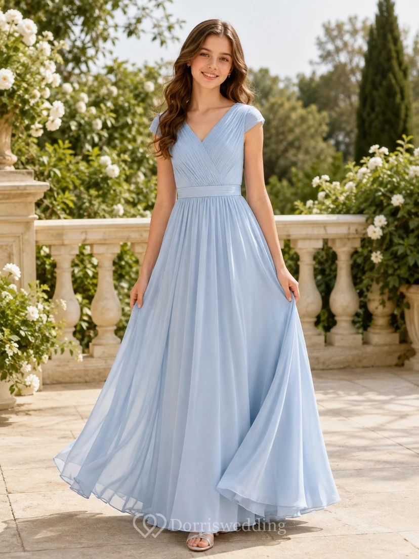 Mist Junior Bridesmaid Dress A-Line Floor-Length V-Neck Short Sleeve Cap Detail Romantic