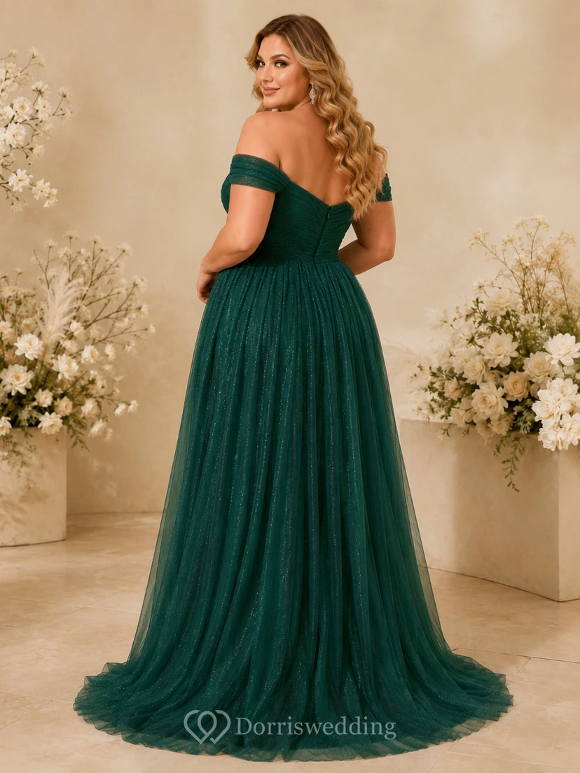 Plus Size Split Dark Green A-Line Floor-length Off-the-shoulder Short Sleeve Tulle Romantic Sexy Prom Evening Formal Reception Dress view 2
