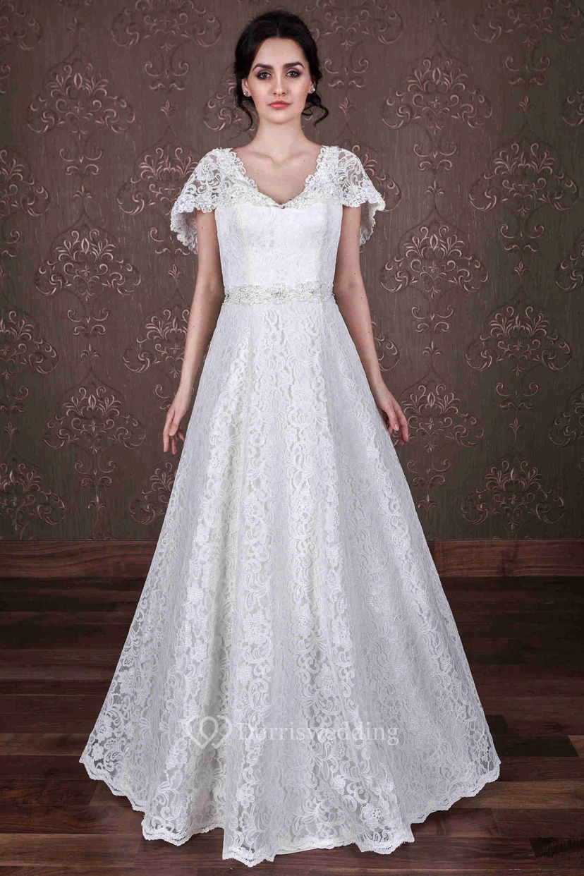A-Line Poet-Sleeve V-Neck Lace Wedding Dress With Waist Jewellery