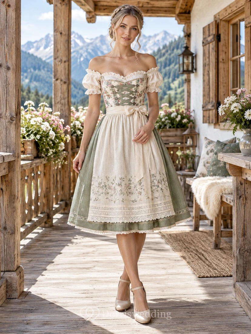 Robe Dirndl vintage champêtre couleur sauge, épaules dénudées, corsage fleuri à dentelle et tablier