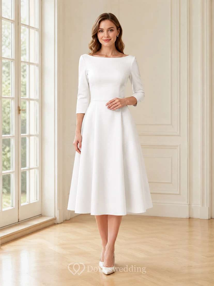 Salon Composure White A-Line Tea-Length Bateau Three-Quarter-Sleeve Satin Modest Cocktail Dress