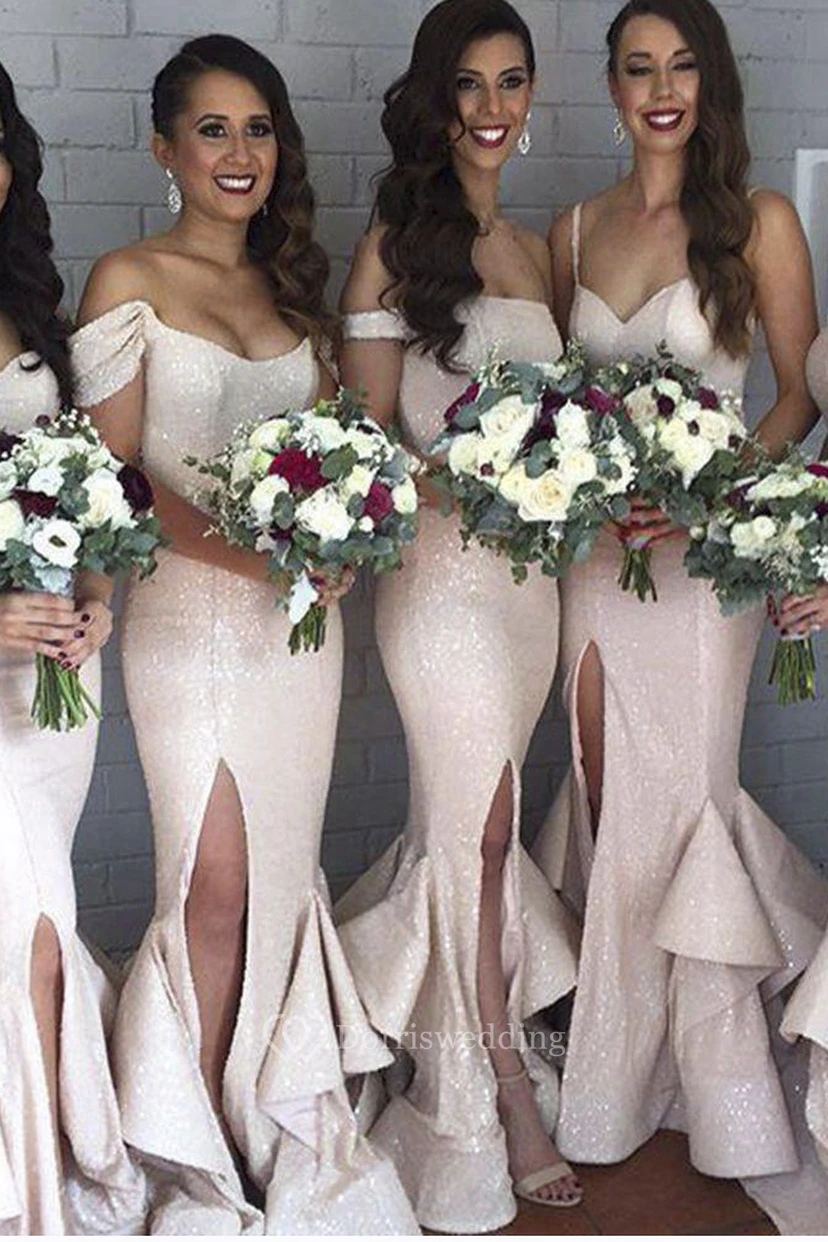 Vestido largo de gasa estilo sirena con volantes