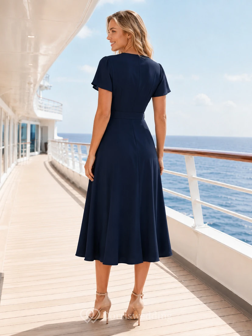 Navy Short Sleeve V Neck Wrap Cruise Midi Dress view 2