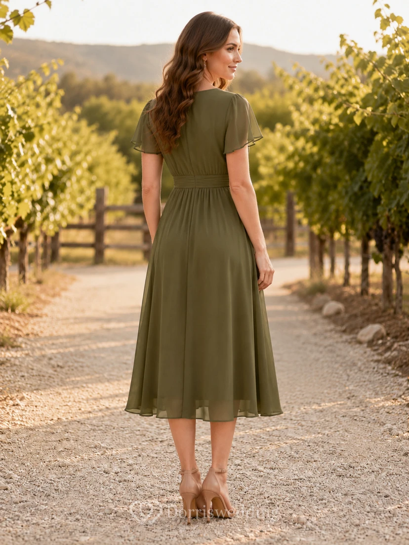 Robe de demoiselle d'honneur olive en mousseline de soie, col en V, manches courtes, longueur thé view 2
