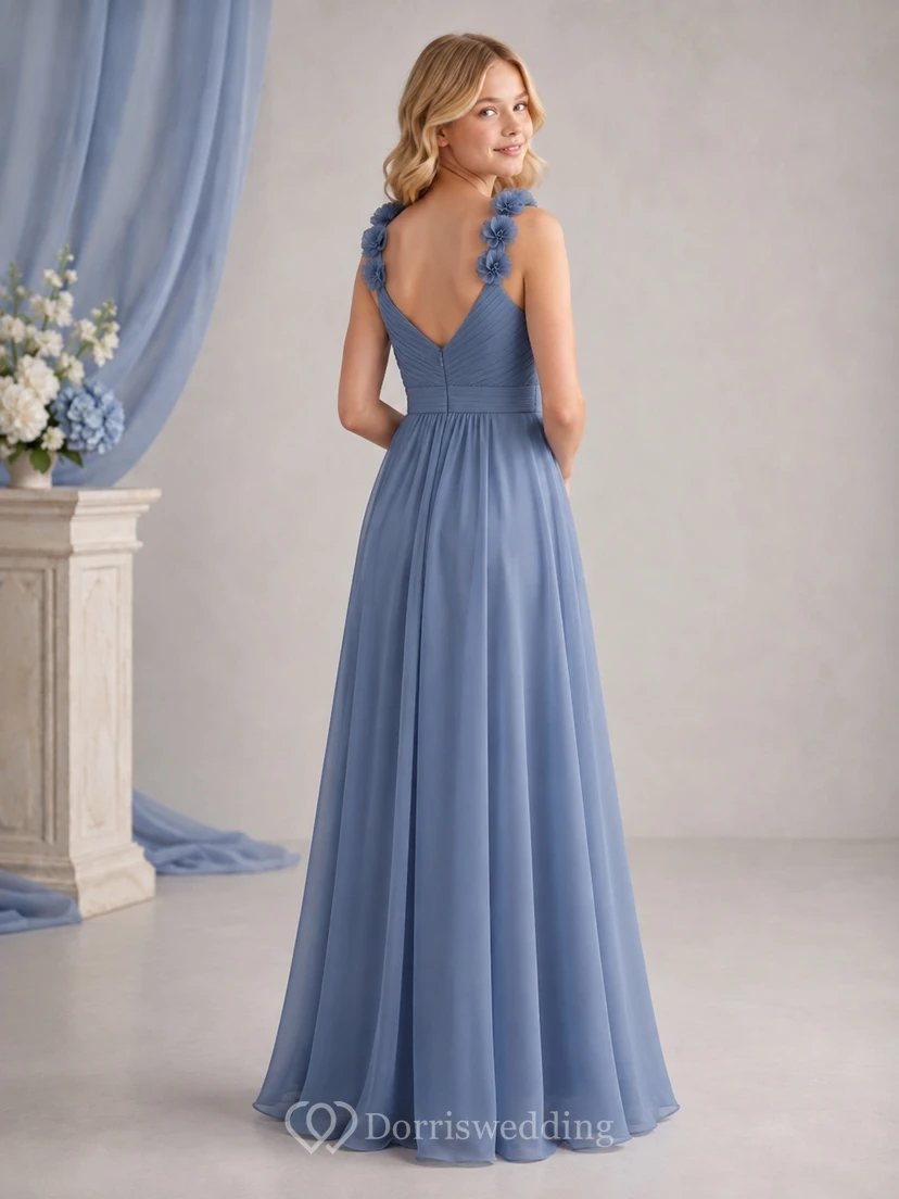 Stahlblaues Brautjungfernkleid für junge Mädchen, A-Linie, herzförmig, ärmellos, Chiffon, mit floralen Details, romantisch view 2
