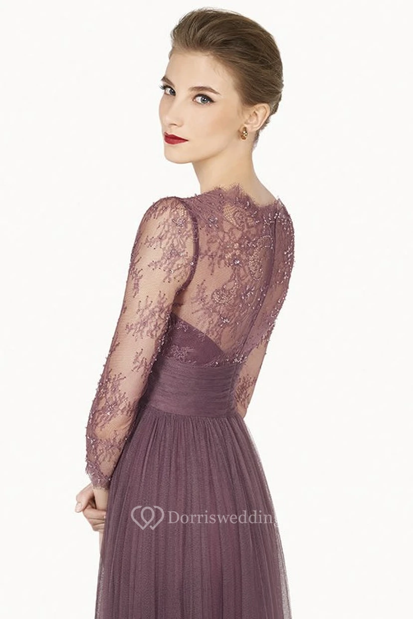 Sheath Lace Bateau-Neck Maxi 3-4-Sleeve Tulle Prom Dress With Pleats view 2