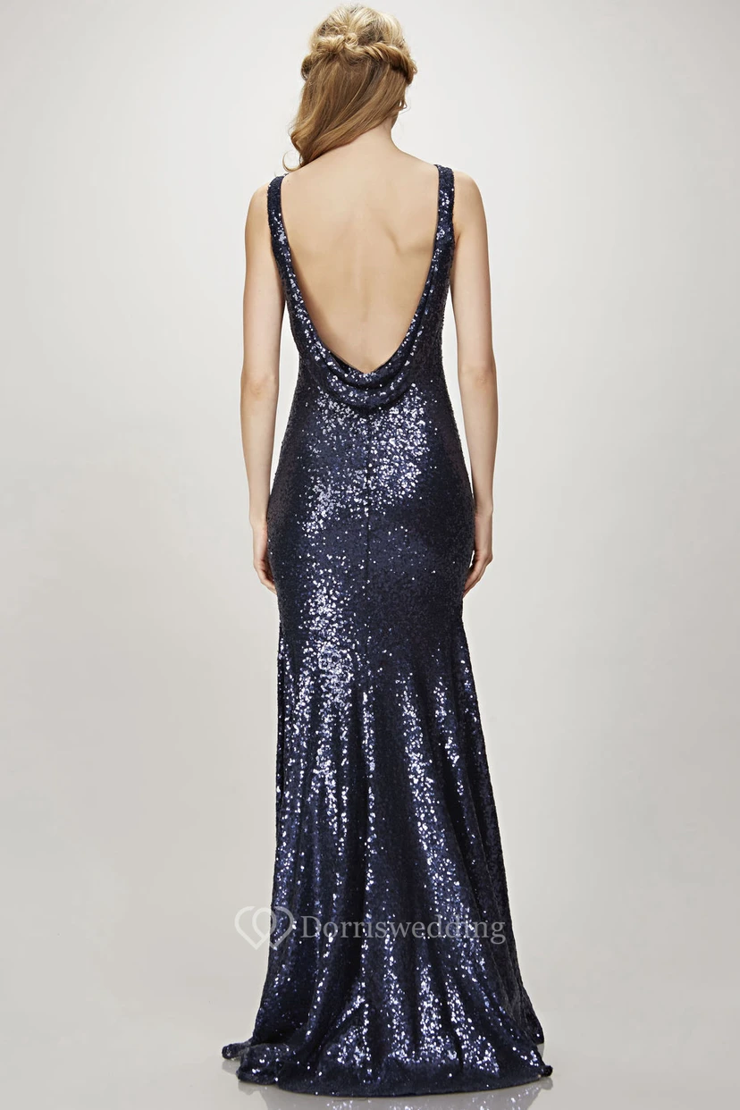 Sheath Floor-Length Sleeveless Bateau Sequins Bridesmaid Dress With Deep-V Back view 2
