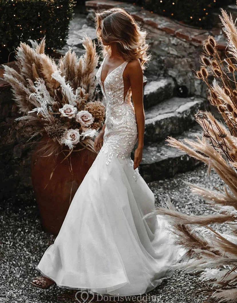 Sequined V-Neck Mermaid Wedding Dress with Layered Tulle