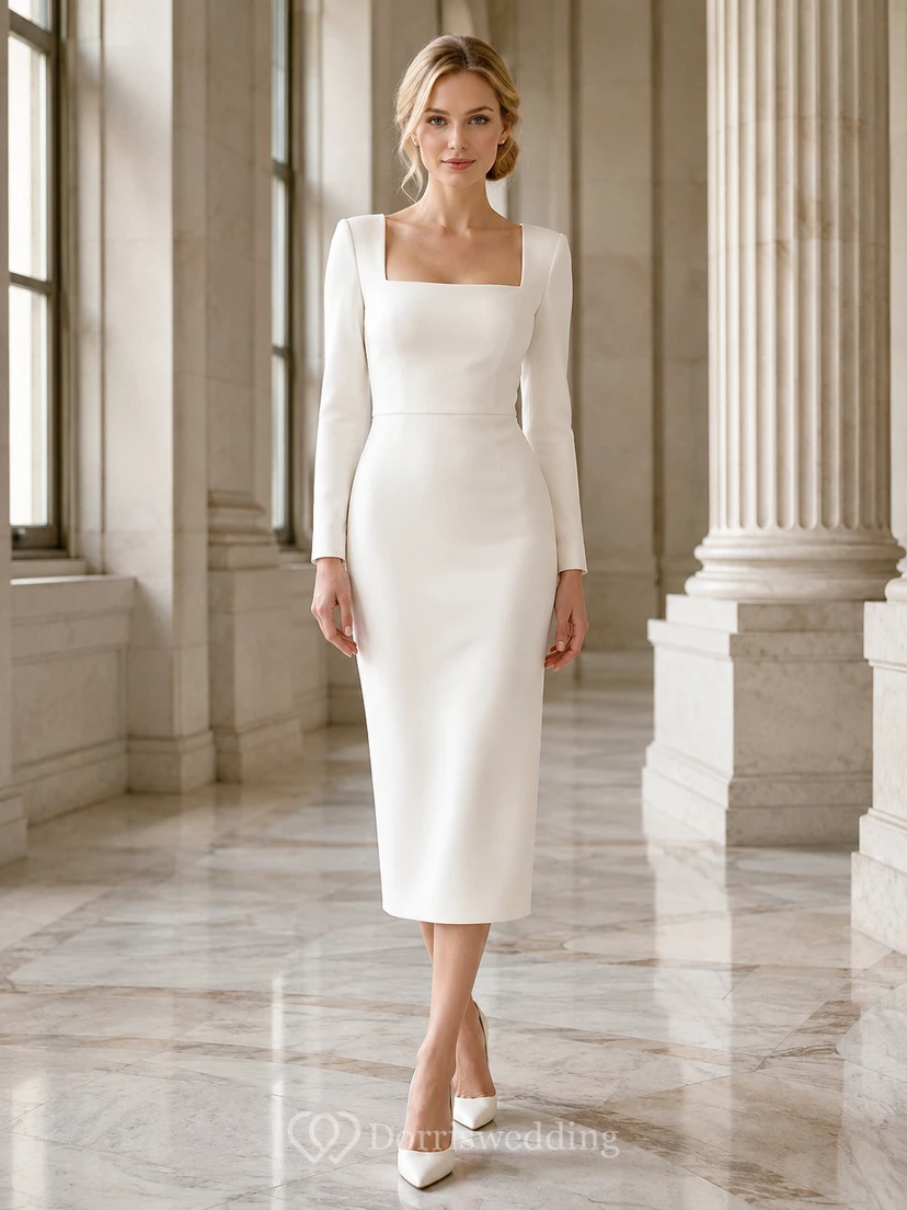 Robe de mariée minimaliste en satin, fourreau, col carré, manches longues, longueur genou