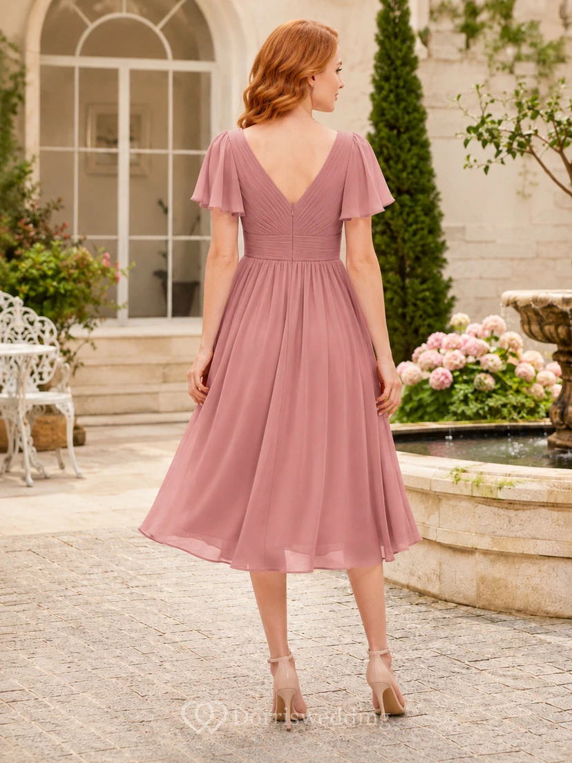 Dusty Rose Refined Chiffon Sheath V-neck Knee Length Cocktail Dress view 2