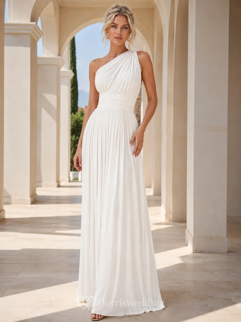 Elegant One Shoulder Sleeveless Floor-length Pleated Chiffon Formal Dress