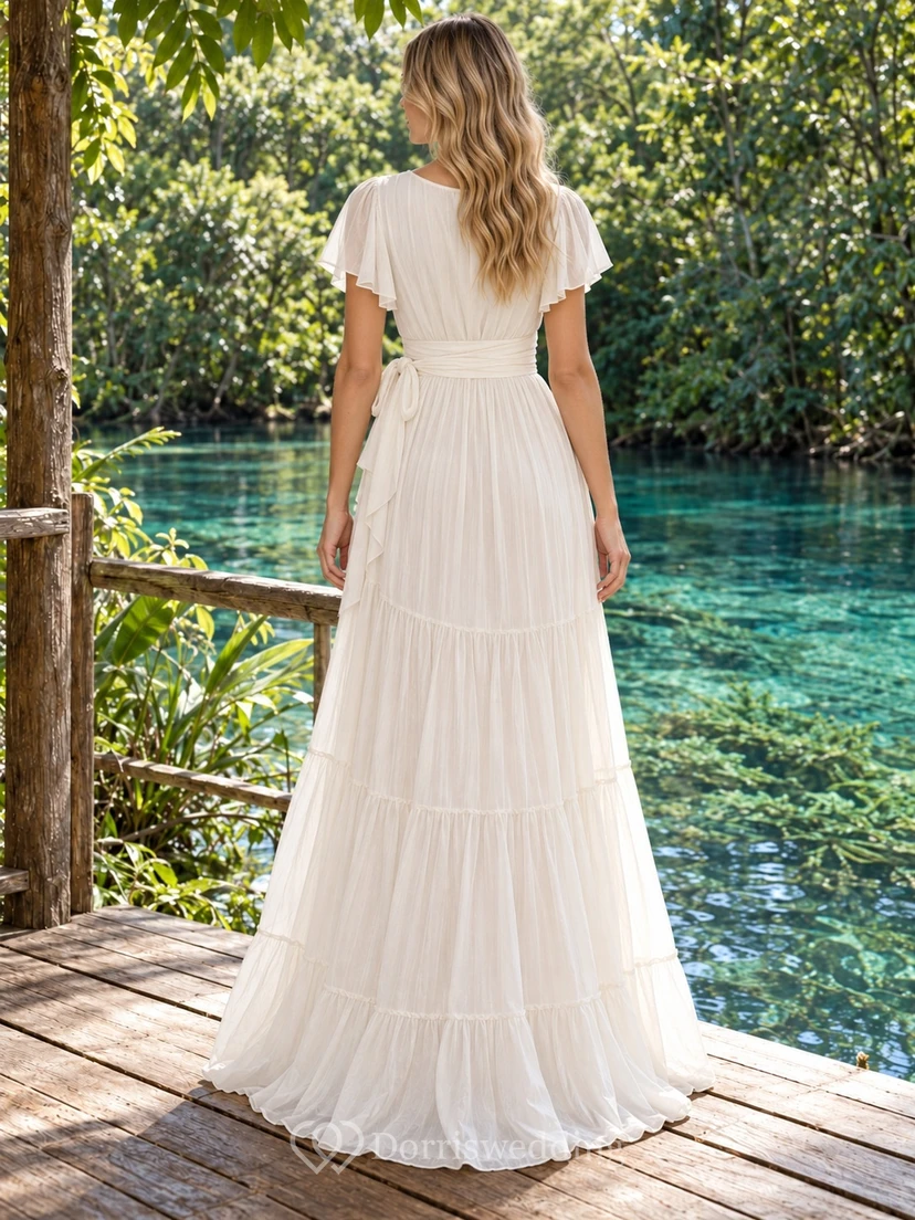 Brautkleid aus Baumwollvoile mit V-Ausschnitt, flatternden Ärmeln, Bindeband und gestuftem A-Linien-Rock view 2