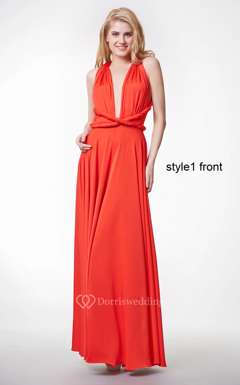 Deep V Neck Ruched Long Jersey Dress With Changeable Criss Cross Straps